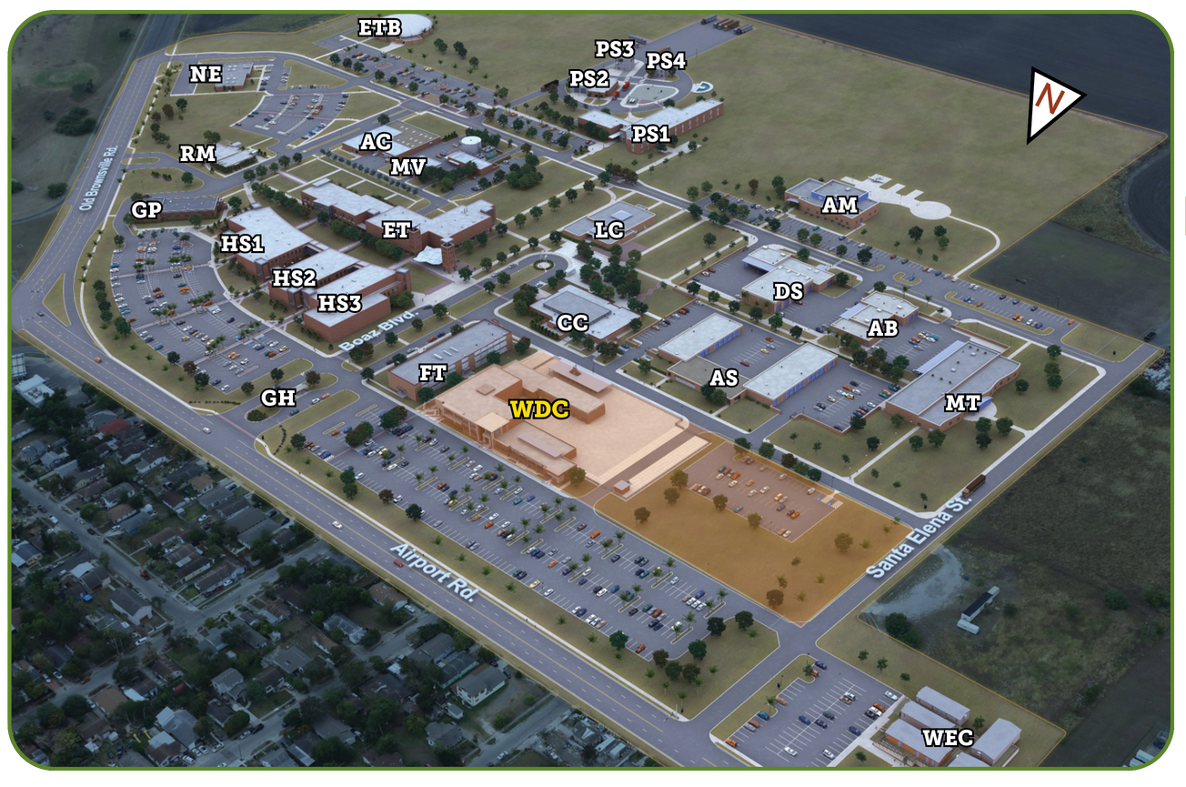Visual map of Del Mar College West Campus (2020), with buildings coded for use with map legend.